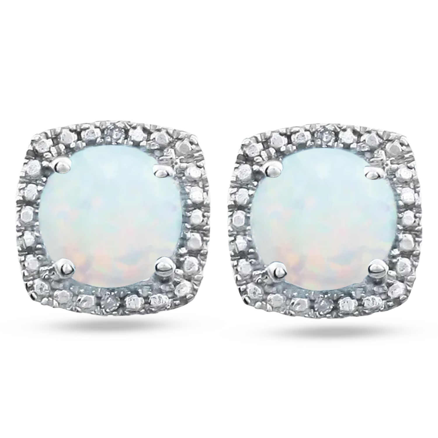 Lab Grown White Opal & Natural Diamond Stud Earrings Sterling Silver (0.65ct)