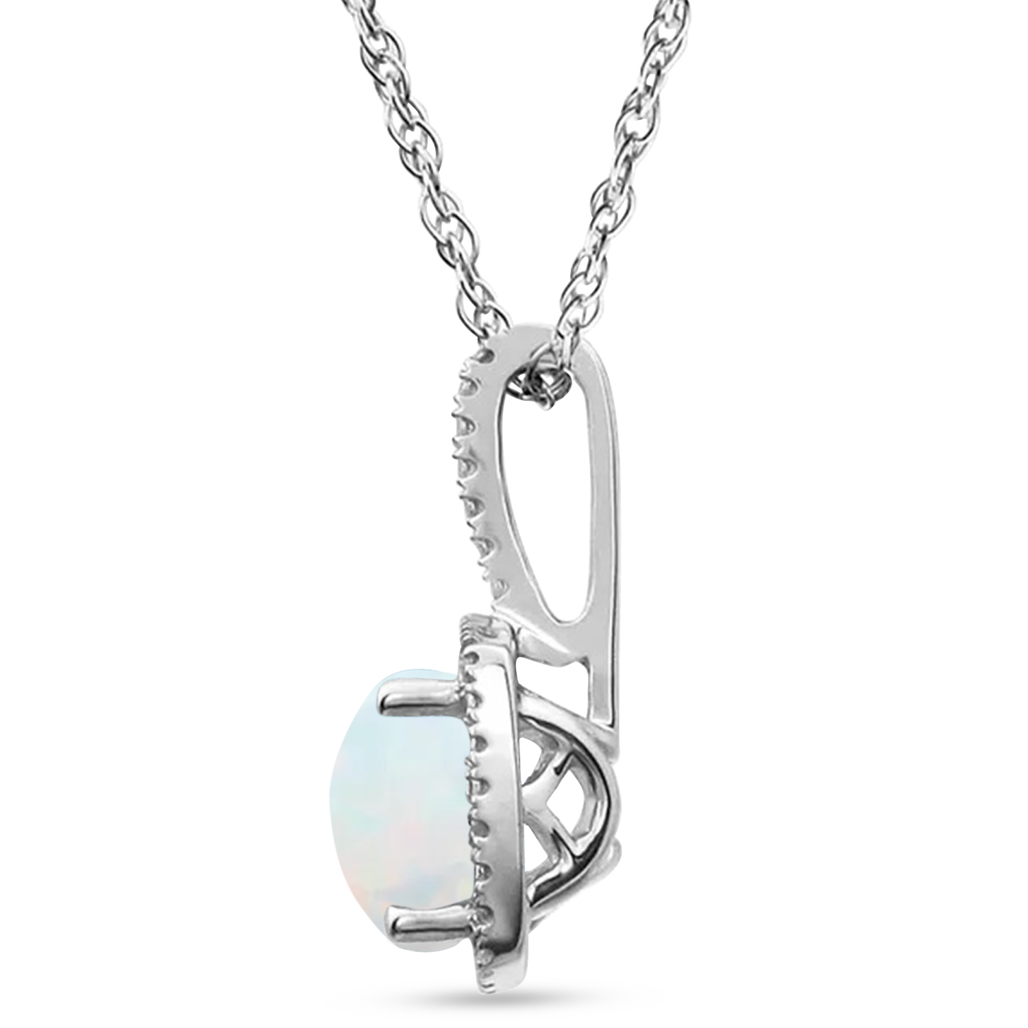 Lab Grown White Opal & Natural Diamond Pendant Necklace Sterling Silver (1.02ct)