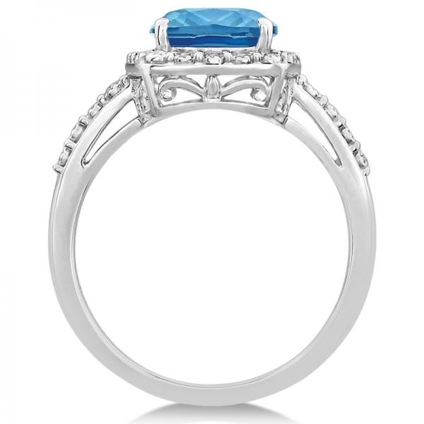 Diamond & Swiss Blue Topaz Halo Ring 14k White Gold (3.57ct)