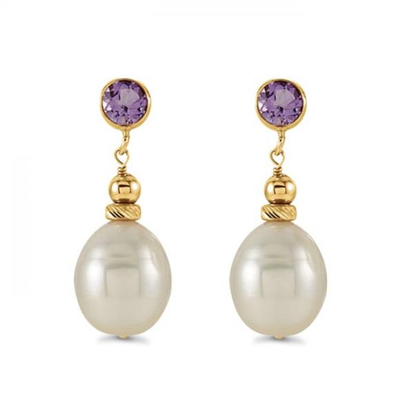 Oval Freshwater Pearl & Amethyst Drop Earrings 14k Yellow Gold 0.40ct