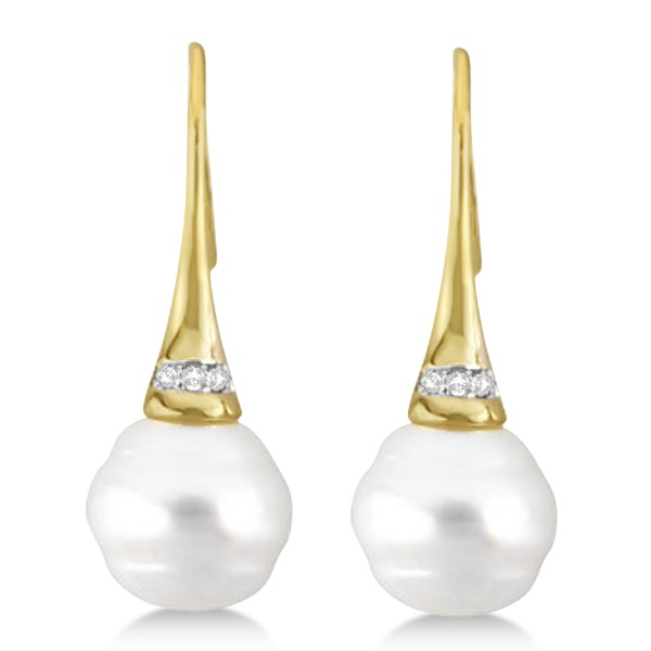 South Sea Cultured Pearl & Diamond Drop Earrings 14K Yellow Gold .04cw