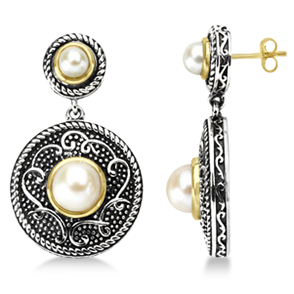 Freshwater Pearl Earrings Sterling Silver & 14k Yellow Gold 6.70ct