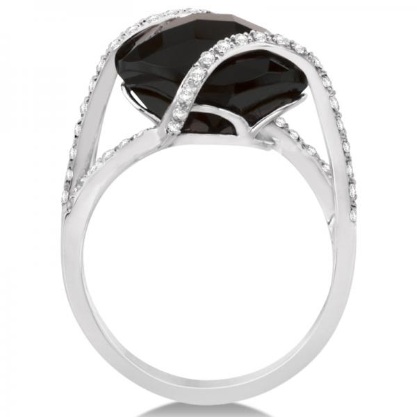 Diamond & Cushion Cut Black Onyx Fashion Ring 14k White Gold (7.04ct)