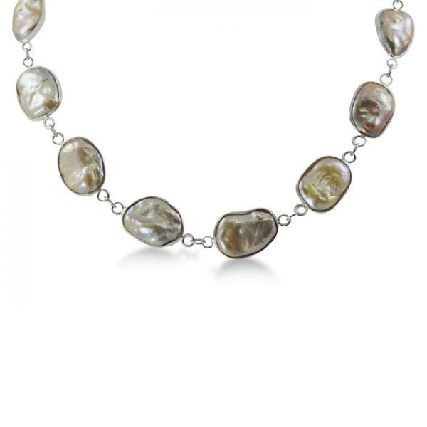 Freshwater Pearl Link Necklace Baroque Shape Sterling Silver 13-18mm