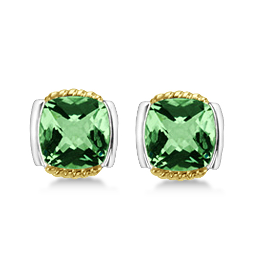 Cushion Green Quartz Stud Earrings 14k Gold & Sterling Silver 8.40ct RE62