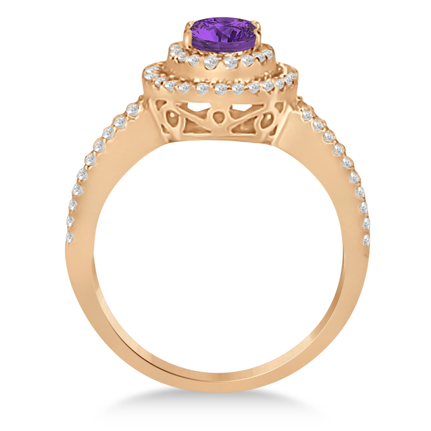 Double Halo Diamond & Amethyst Engagement Ring 14K Rose Gold 1.34ctw