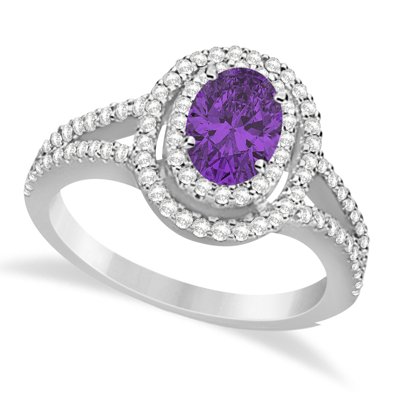 Double Halo Diamond & Amethyst Engagement Ring 14K White Gold 1.34ctw