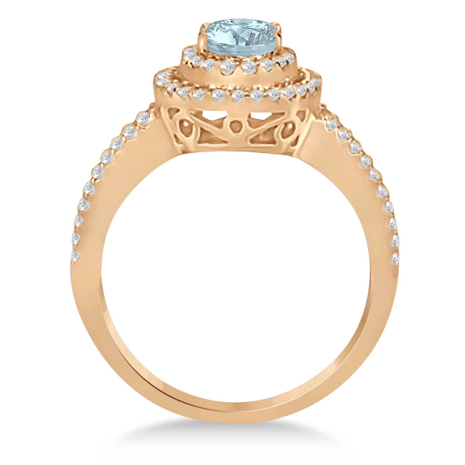 Double Halo Diamond & Aquamarine Engagement Ring 14K Rose Gold 1.34ctw