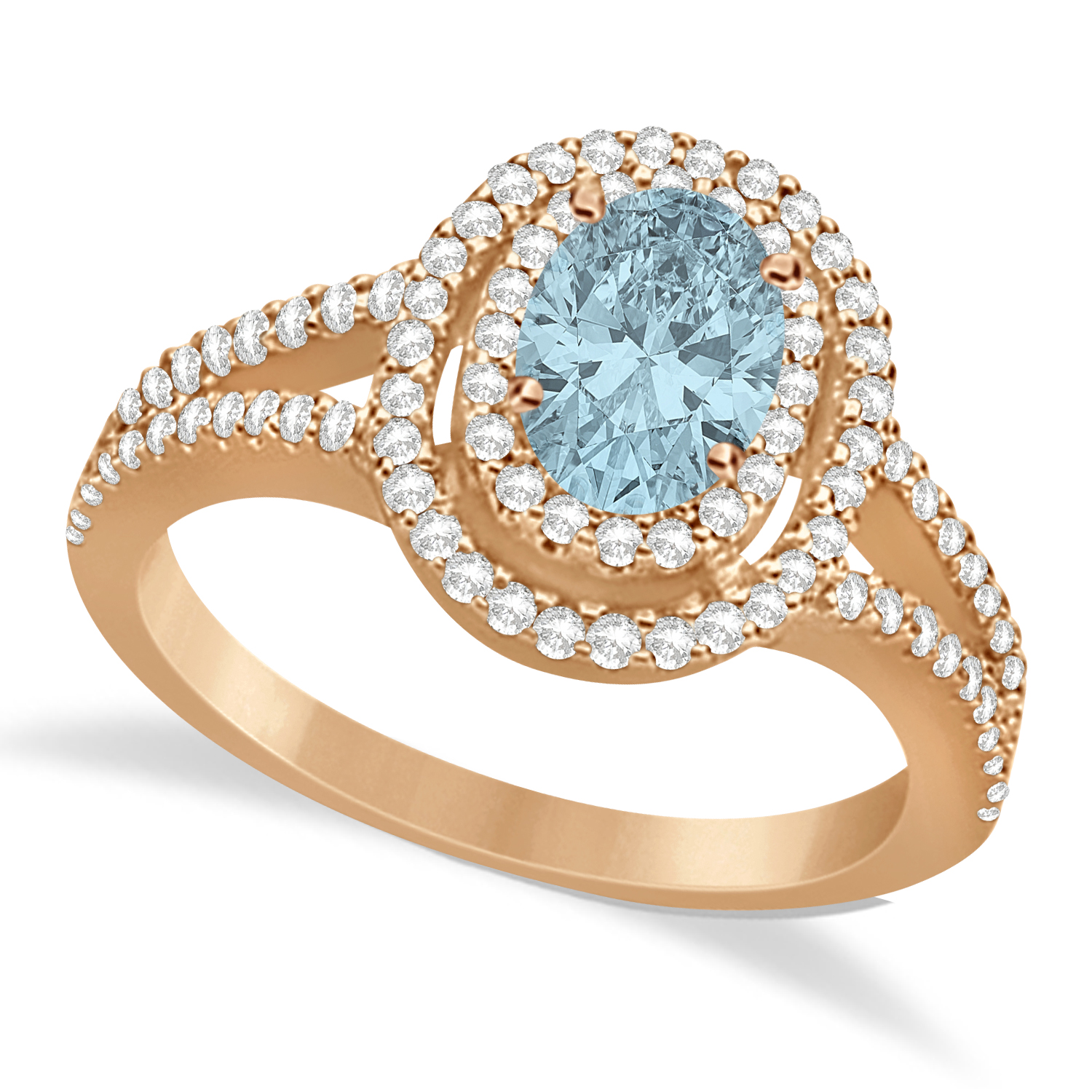 Double Halo Diamond & Aquamarine Engagement Ring 14K Rose Gold 1.34ctw