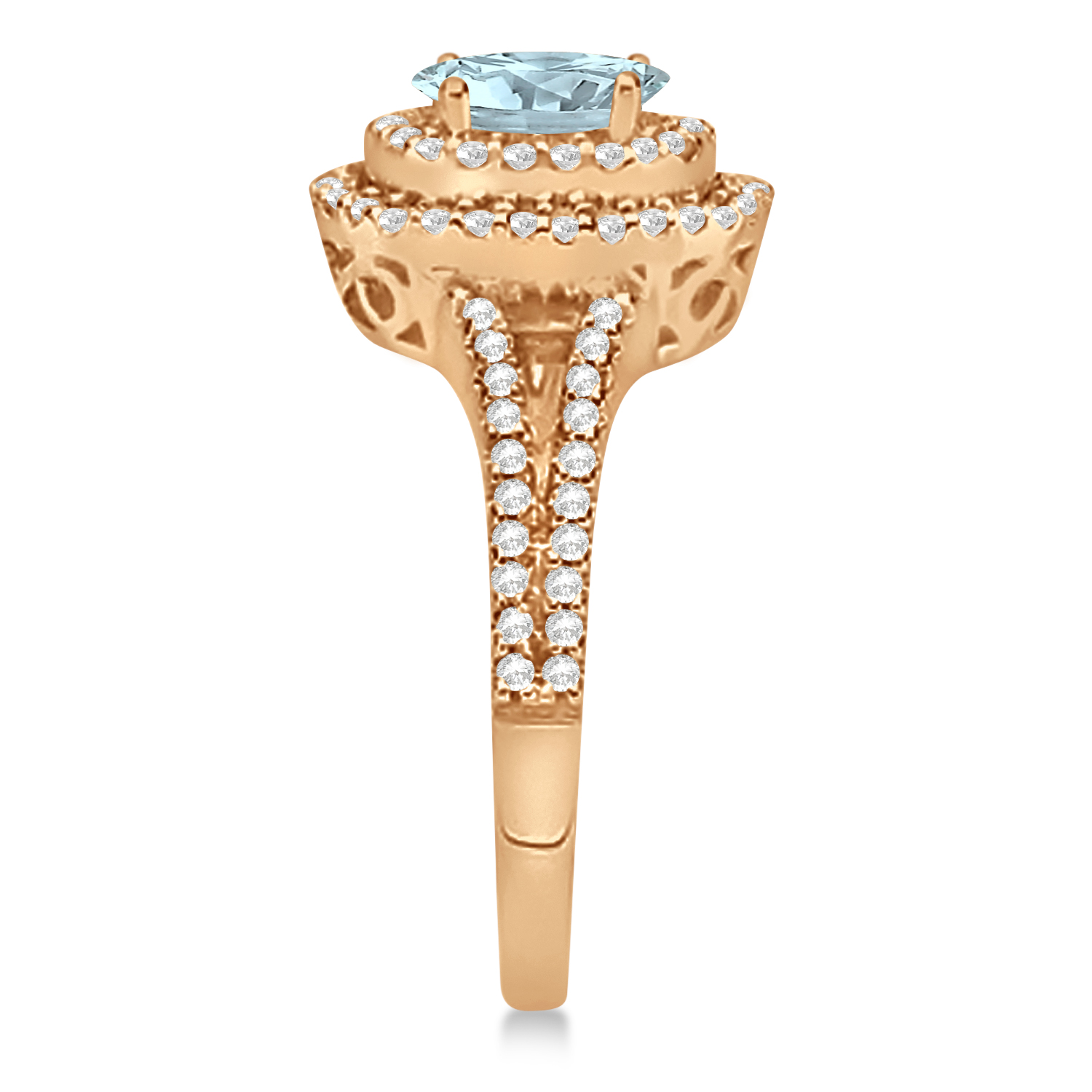 Double Halo Diamond & Aquamarine Engagement Ring 14K Rose Gold 1.34ctw
