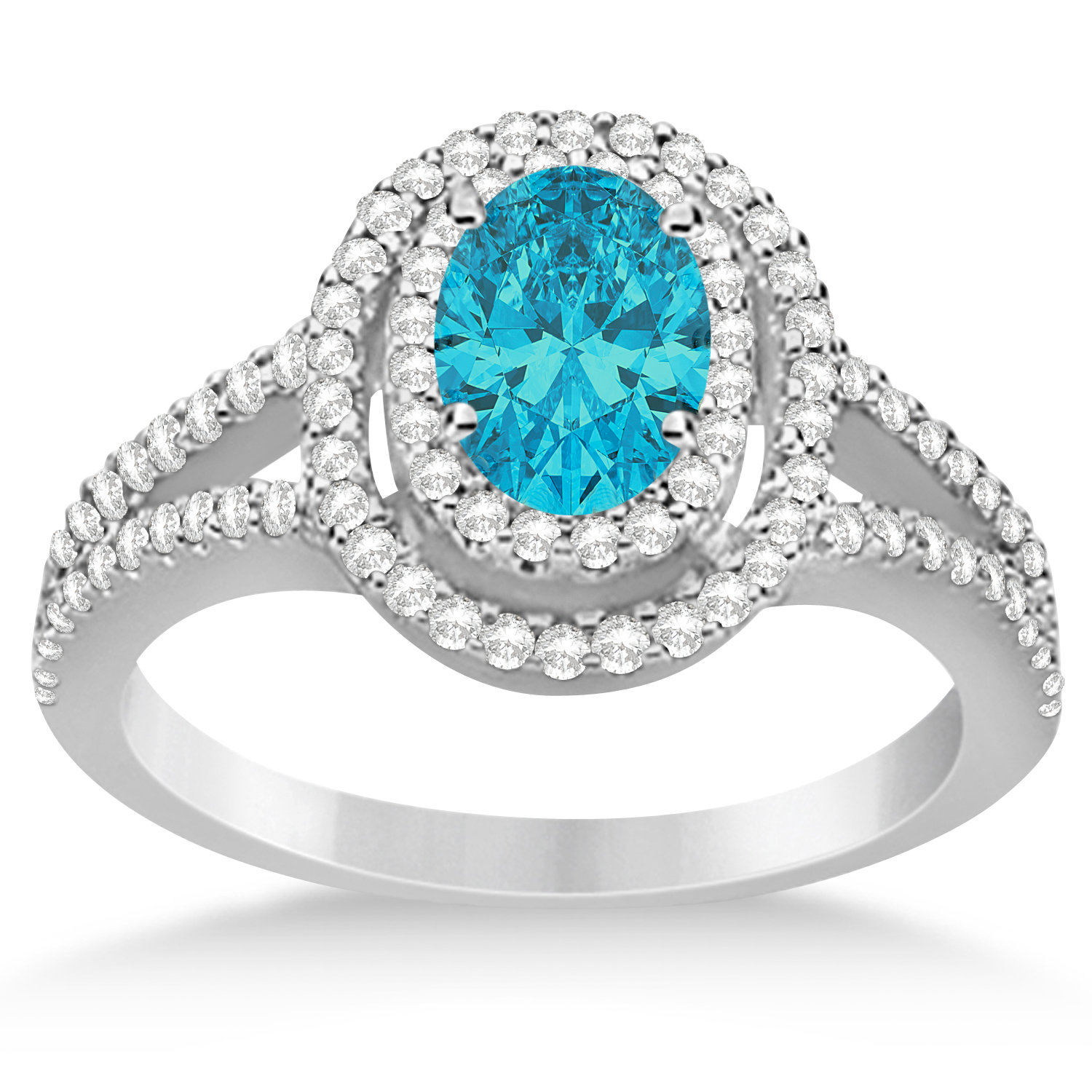 Double Halo Diamond & Blue Diamond Engagement Ring 14K White Gold 1.34ctw