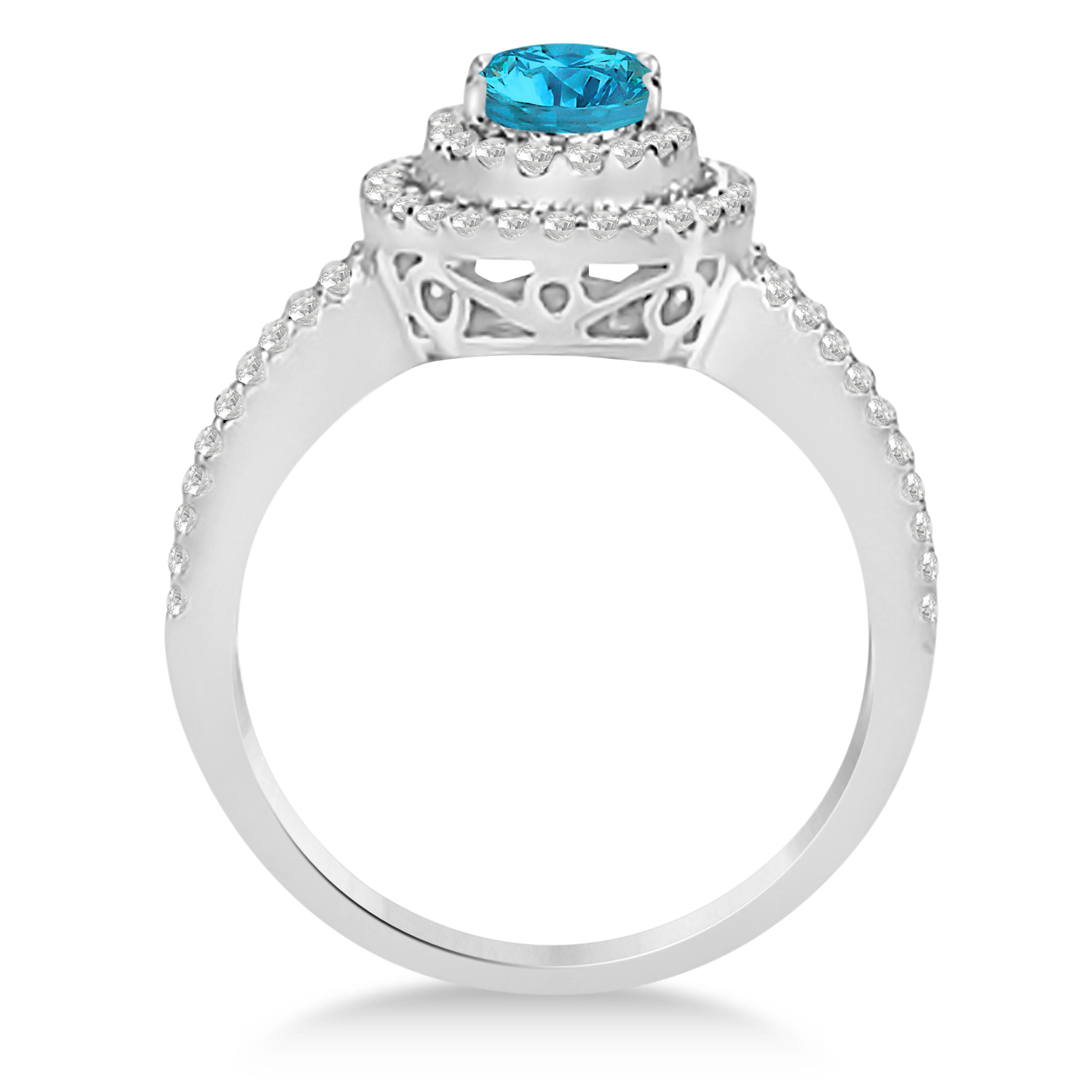 Double Halo Diamond & Blue Diamond Engagement Ring 14K White Gold 1.34ctw
