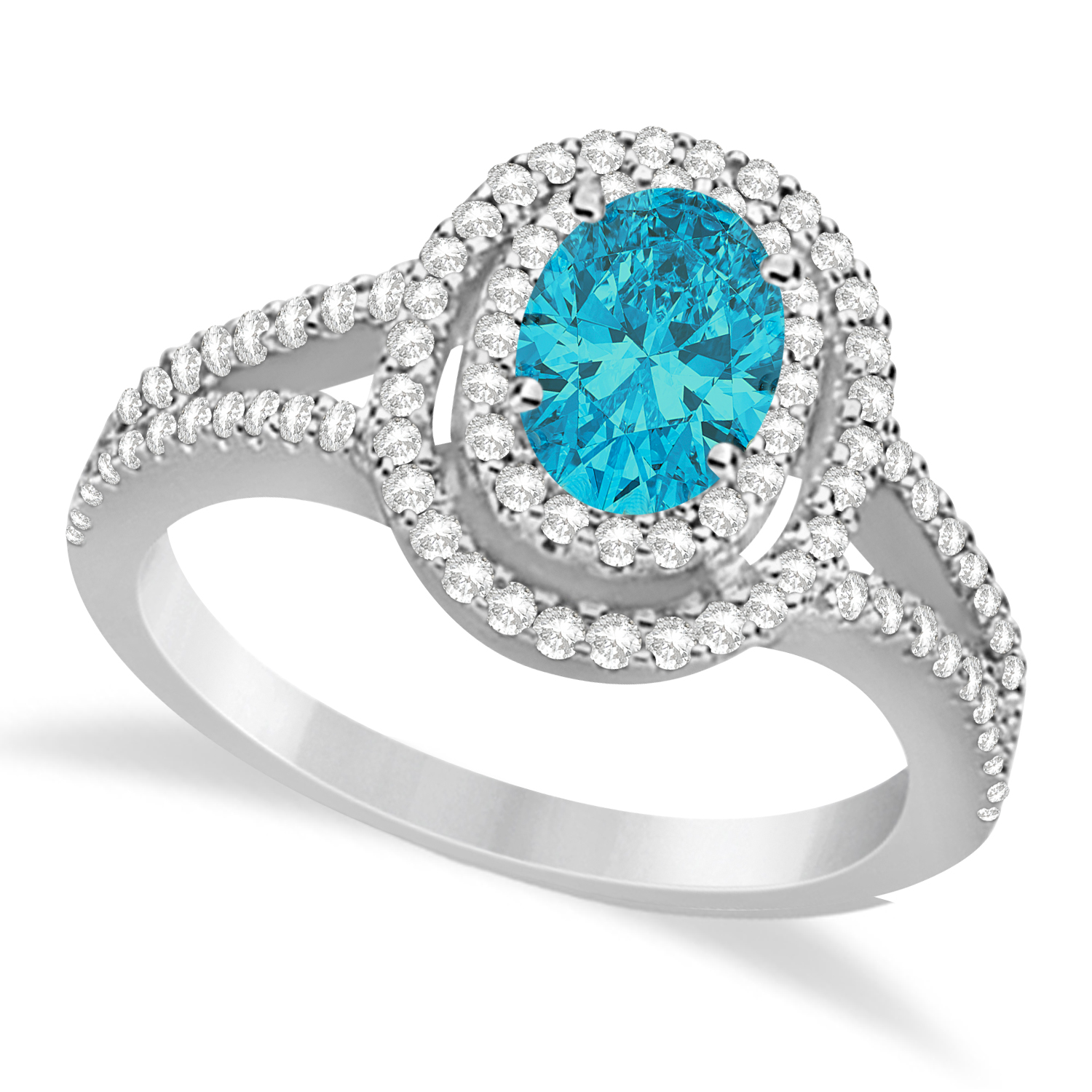 Double Halo Diamond & Blue Diamond Engagement Ring 14K White Gold 1.34ctw