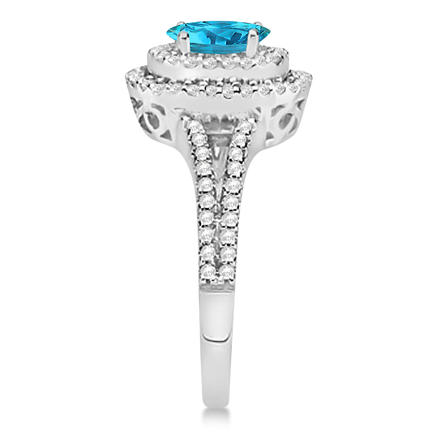 Double Halo Diamond & Blue Diamond Engagement Ring 14K White Gold 1.34ctw