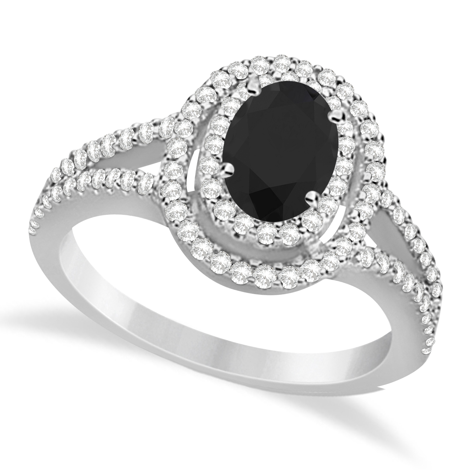 Double Halo Diamond & Black Diamond Engagement Ring 14K White Gold 1.34ctw