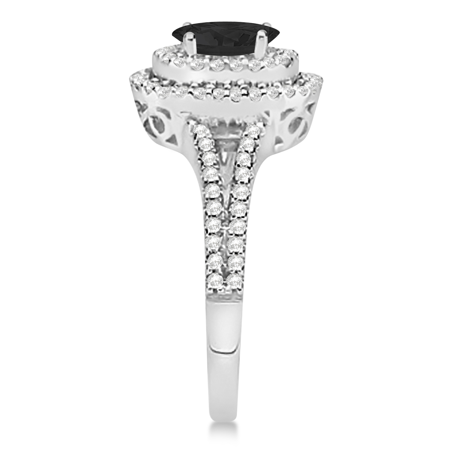 Double Halo Diamond & Black Diamond Engagement Ring 14K White Gold 1.34ctw