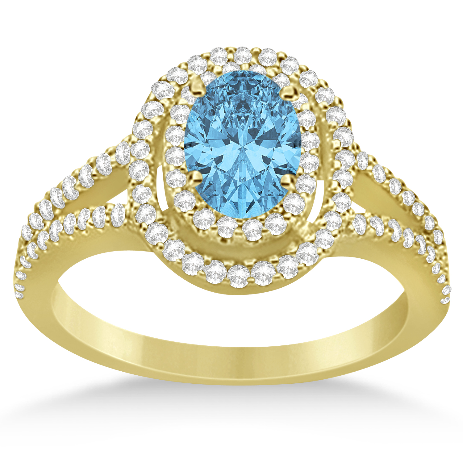 Double Halo Diamond & Blue Topaz Engagement Ring 14K Yellow Gold 1.34ctw