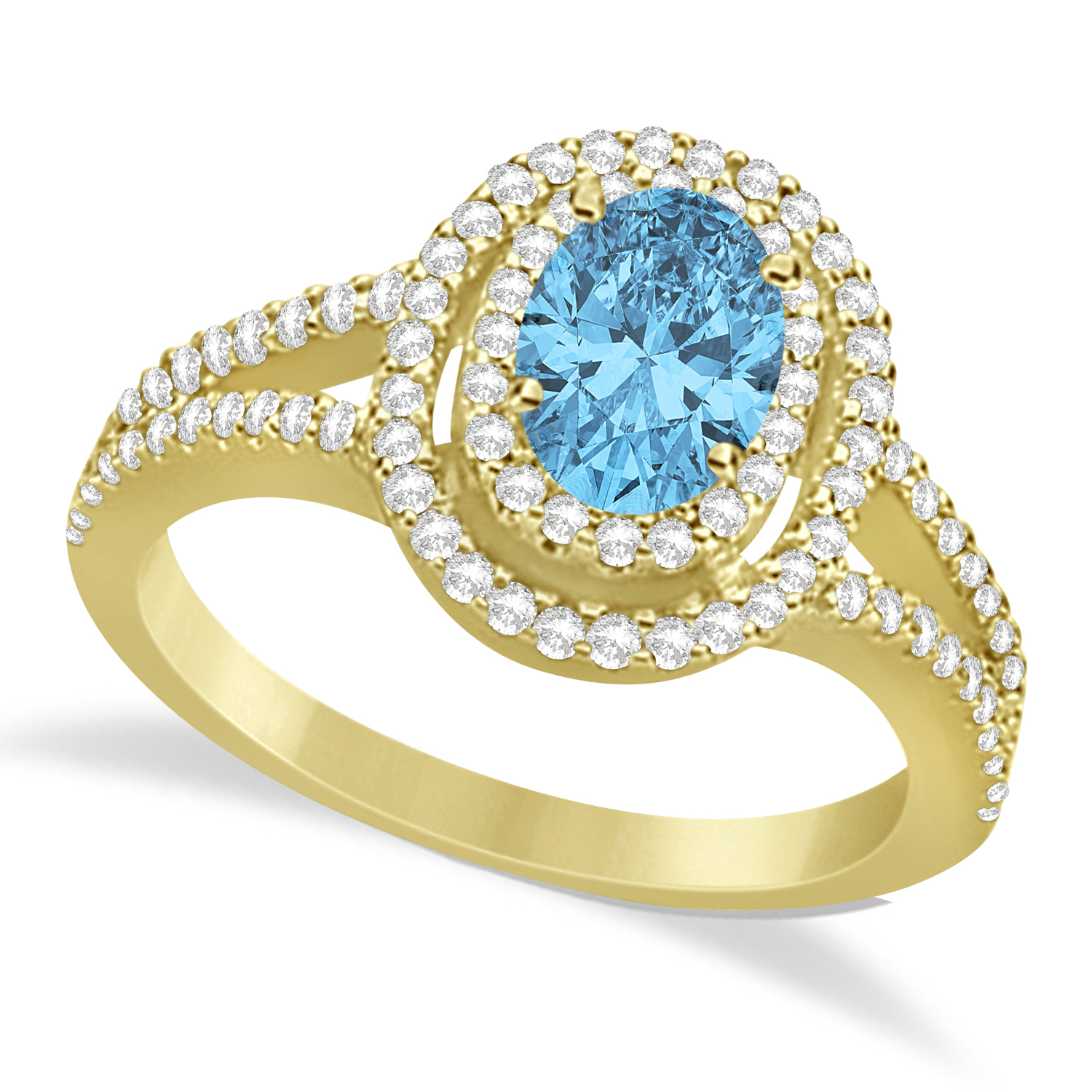 Double Halo Diamond & Blue Topaz Engagement Ring 14K Yellow Gold 1.34ctw