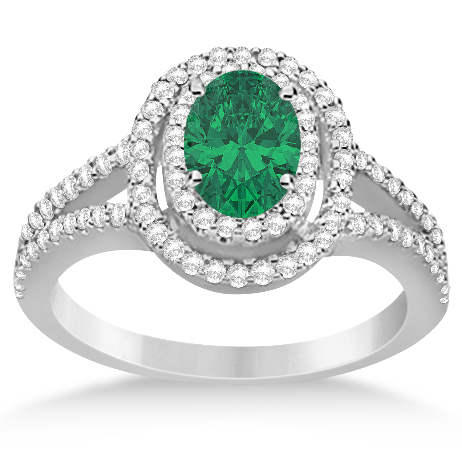 Double Halo Diamond & Emerald Engagement Ring 14K White Gold 1.34ctw