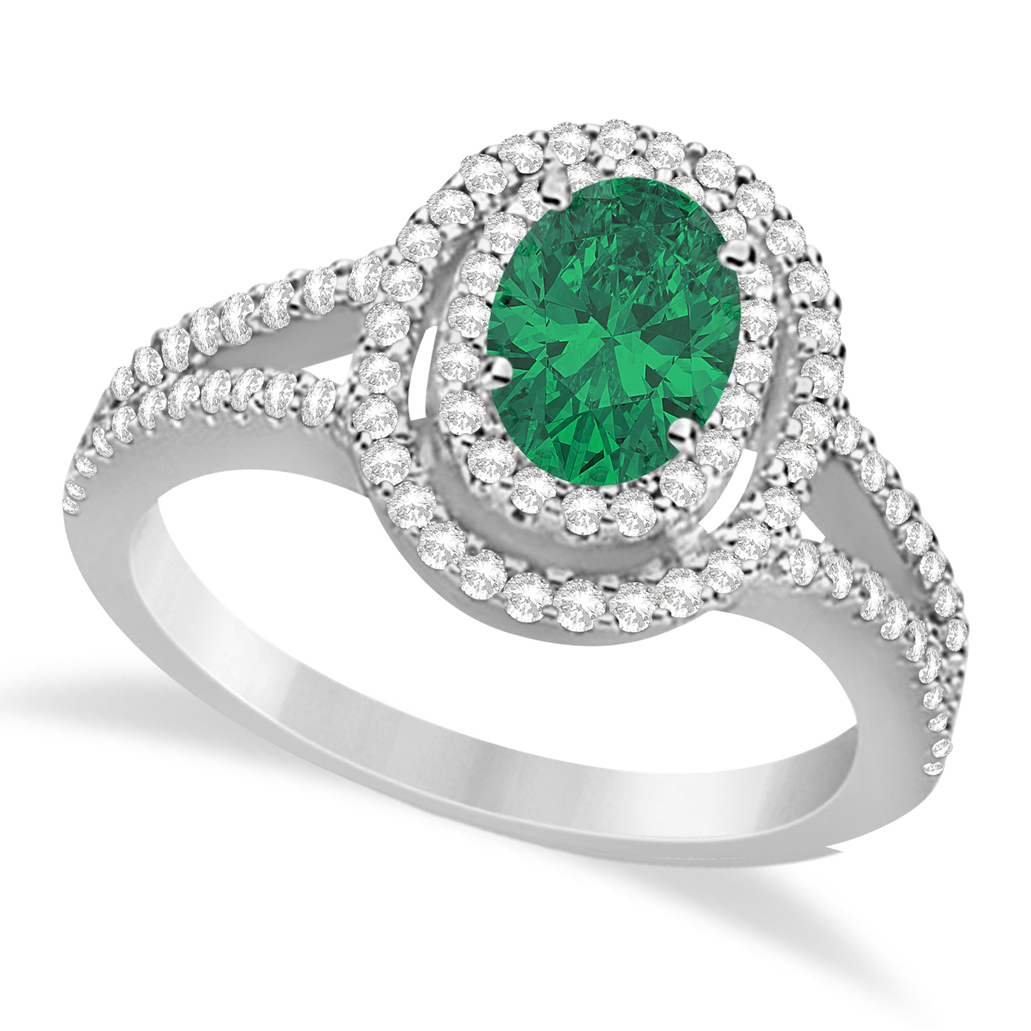 Double Halo Diamond & Emerald Engagement Ring 14K White Gold 1.34ctw