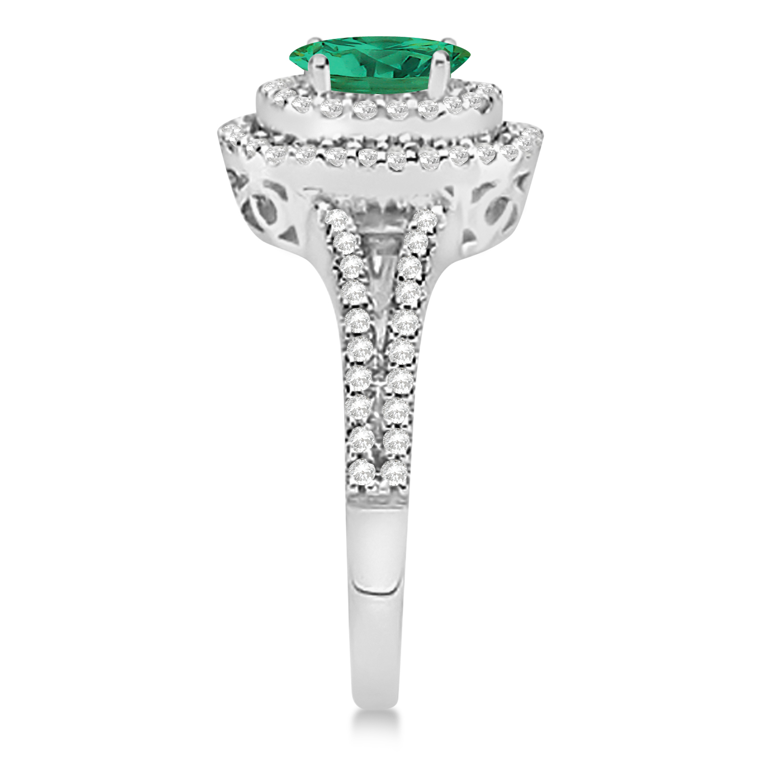 Double Halo Diamond & Emerald Engagement Ring 14K White Gold 1.34ctw