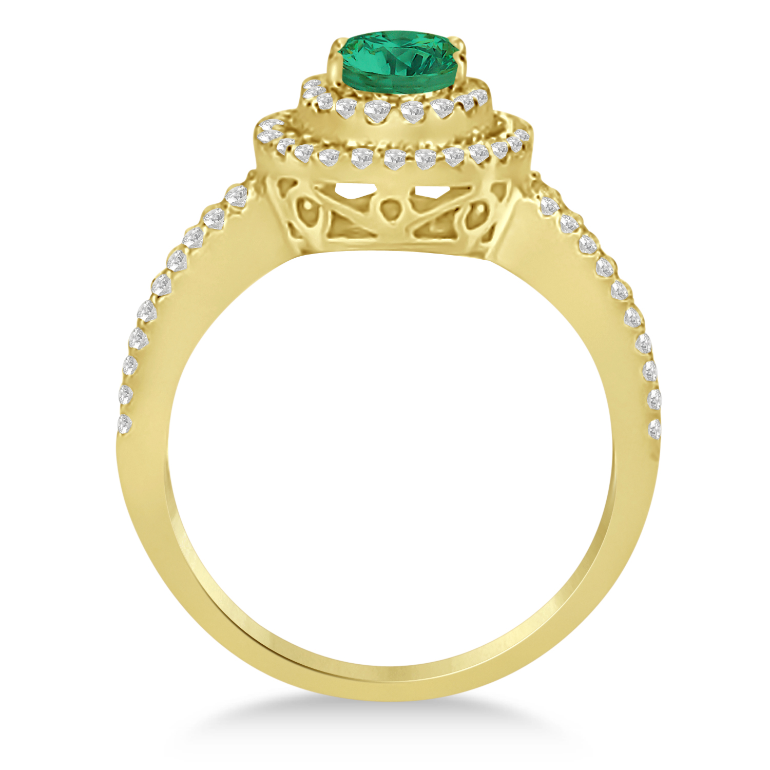 Double Halo Diamond & Emerald Engagement Ring 14K Yellow Gold 1.34ctw
