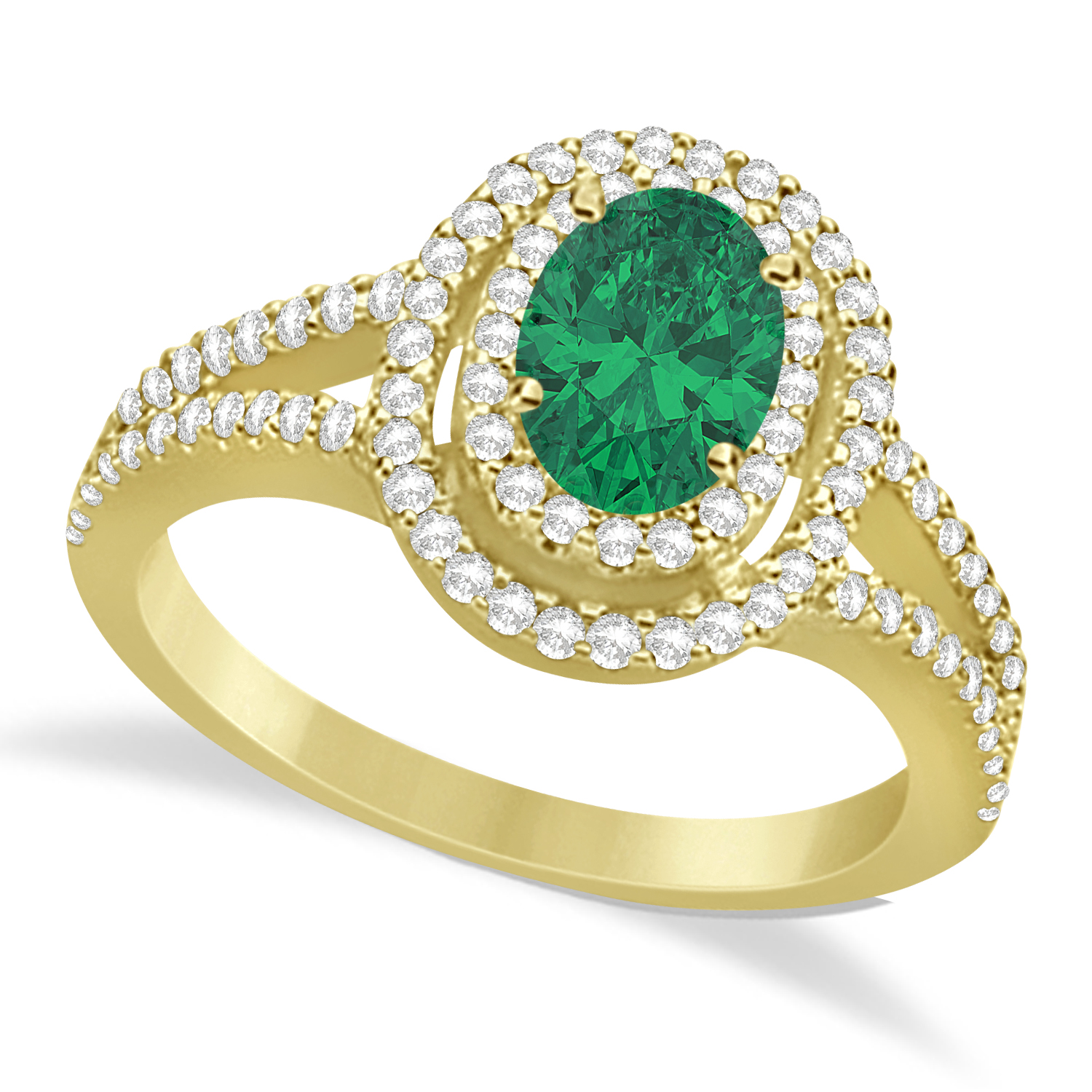 Double Halo Diamond & Emerald Engagement Ring 14K Yellow Gold 1.34ctw