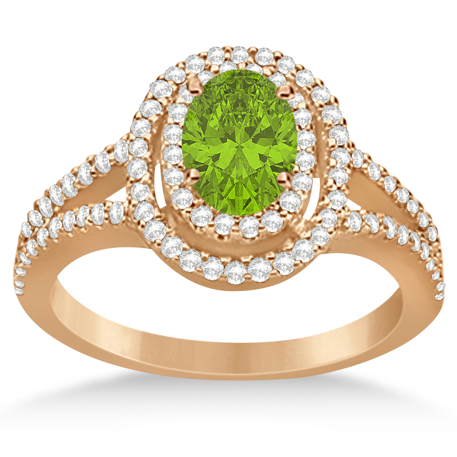 Double Halo Diamond & Peridot Engagement Ring 14K Rose Gold 1.34ctw
