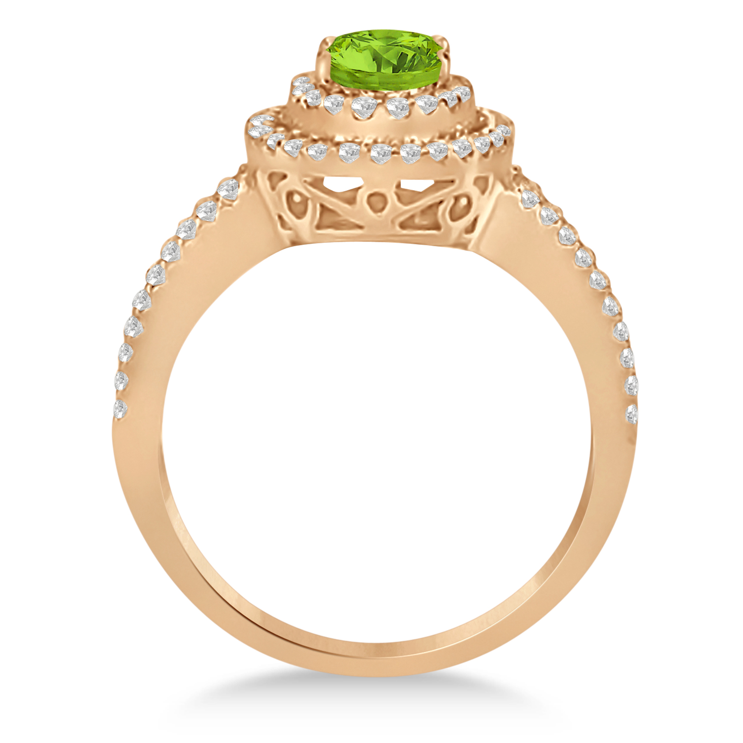 Double Halo Diamond & Peridot Engagement Ring 14K Rose Gold 1.34ctw
