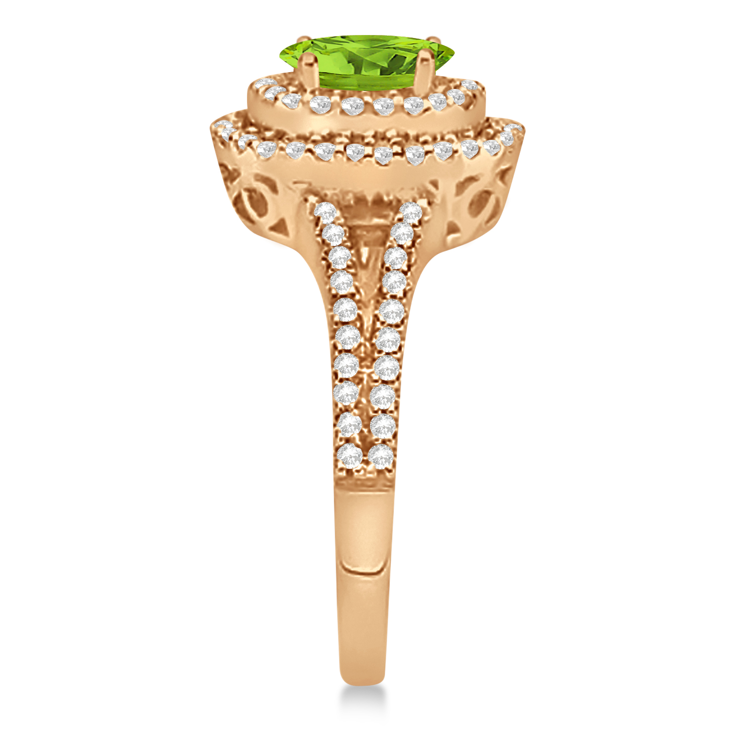 Double Halo Diamond & Peridot Engagement Ring 14K Rose Gold 1.34ctw