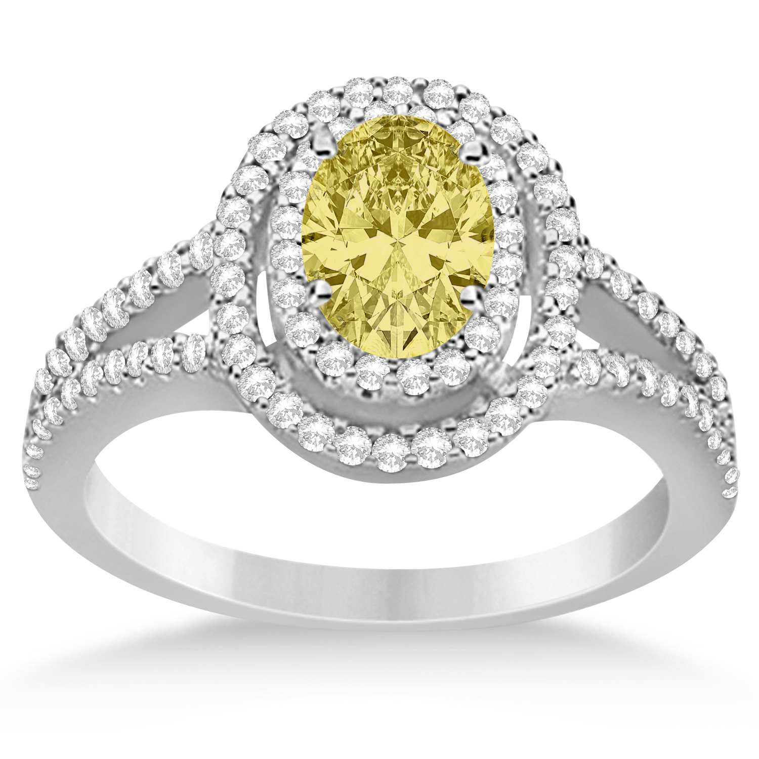 Double Halo Diamond & Yellow Diamond Engagement Ring 14K White Gold 1.34ctw