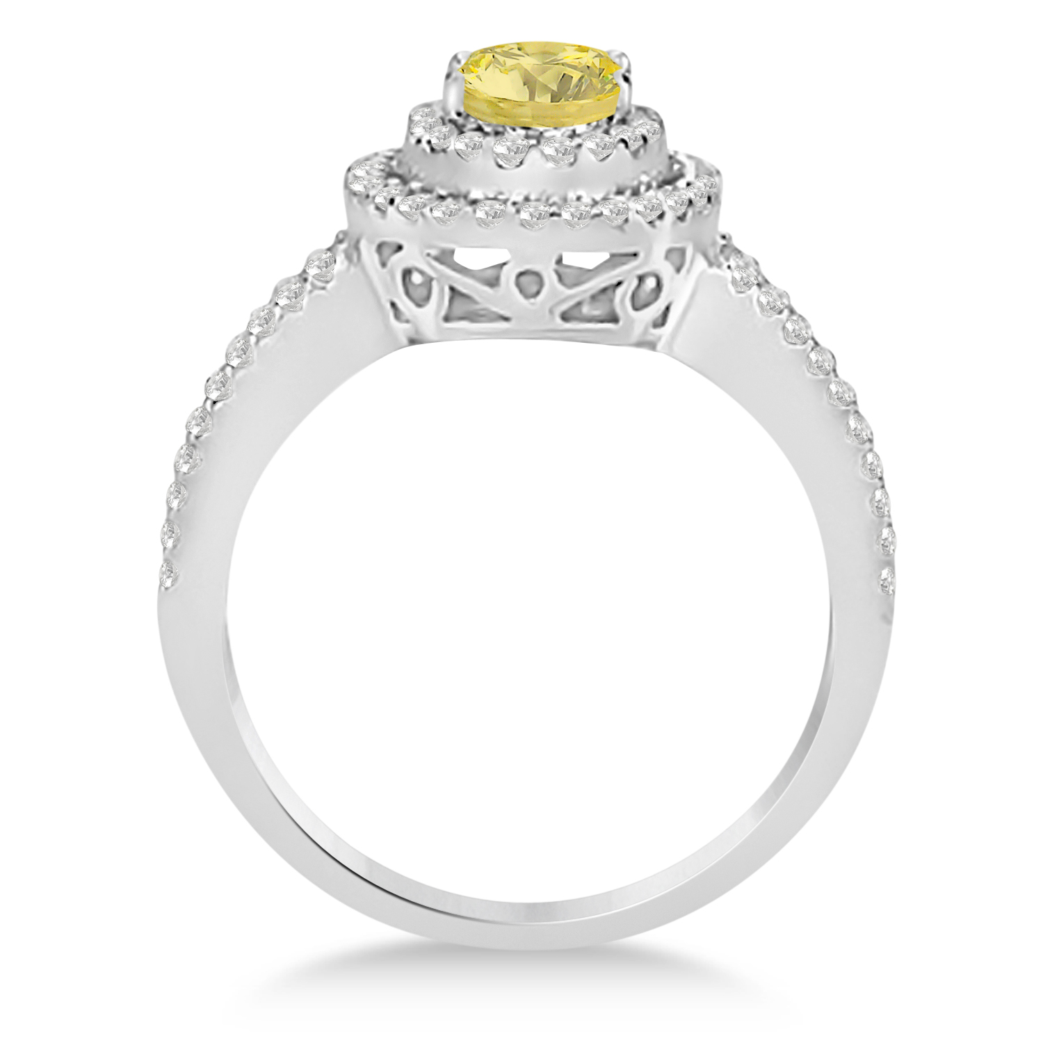 Double Halo Diamond & Yellow Diamond Engagement Ring 14K White Gold 1.34ctw