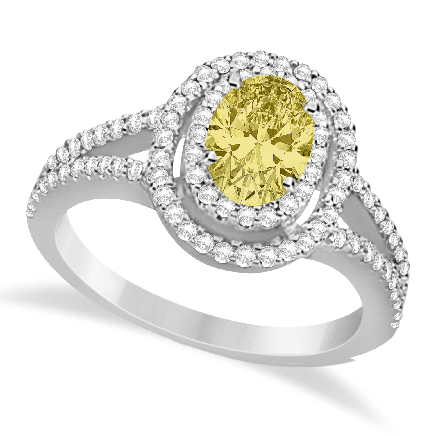 Double Halo Diamond & Yellow Diamond Engagement Ring 14K White Gold 1.34ctw
