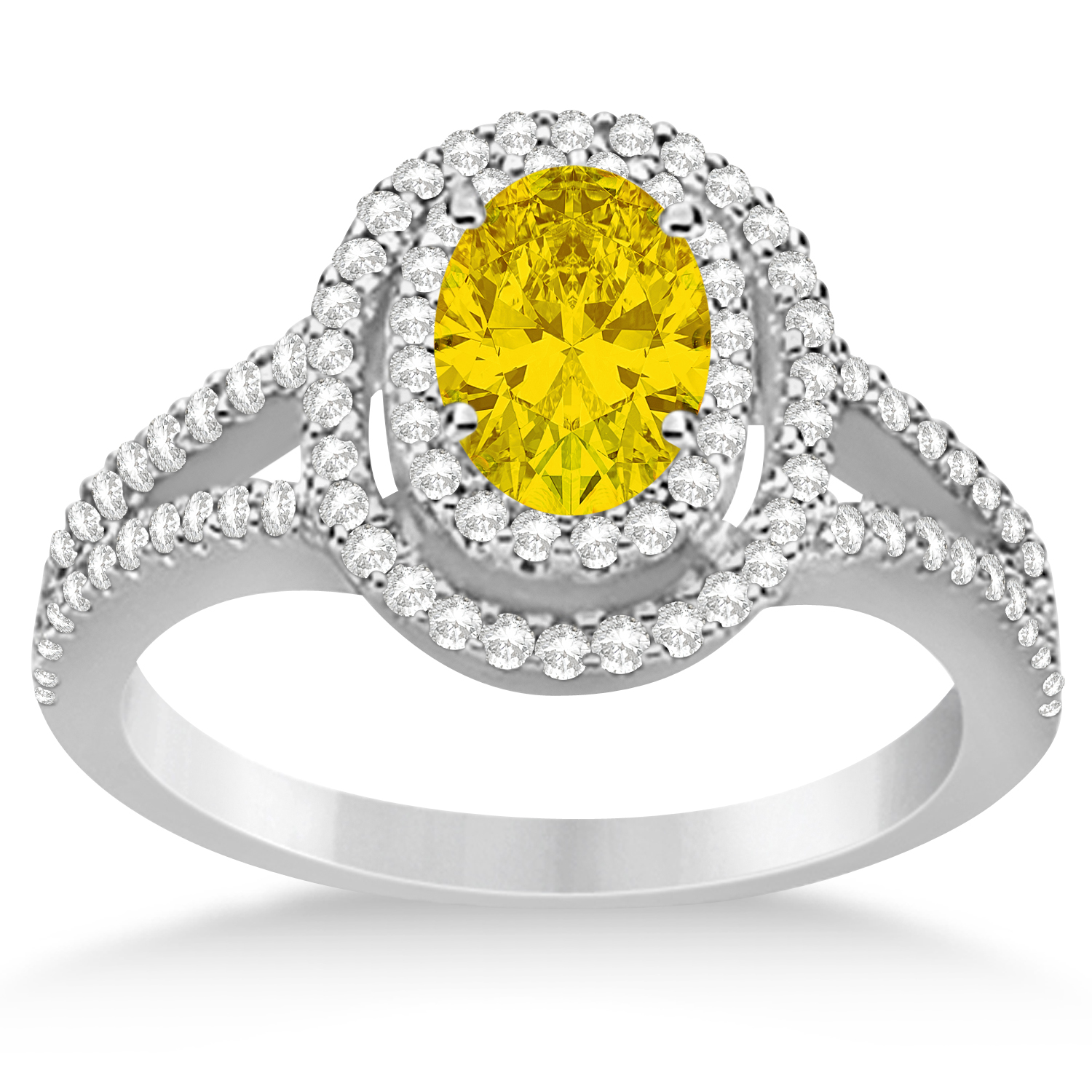 Double Halo Diamond & Yellow Sapphire Engagement Ring 14K White Gold 1.34ctw