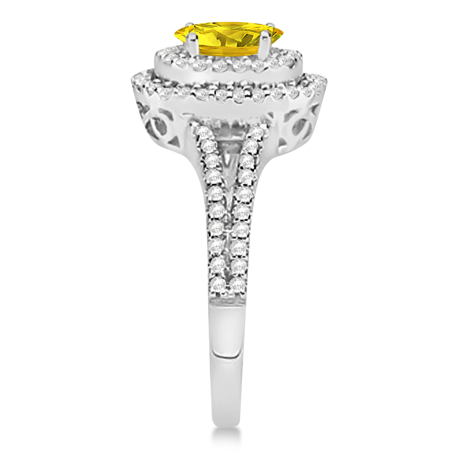 Double Halo Diamond & Yellow Sapphire Engagement Ring 14K White Gold 1.34ctw