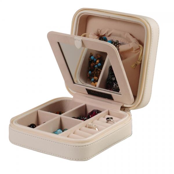 Faux Leather Jewelry Box in Ivory w/ Interior Mirror, Travel Pouch, Storage