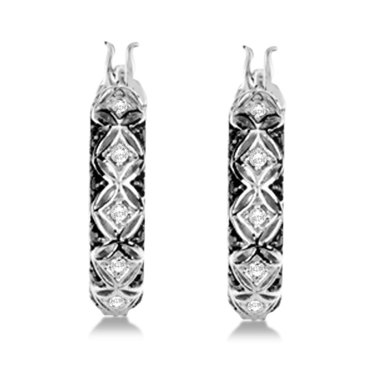 Ladies White & Black Diamond Hoop Earrings 14K White Gold 0.25ct - RE423