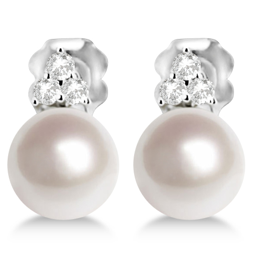 Freshwater Cultured Pearl & Diamond Stud Earrings 14K W. Gold (7-7.5mm)