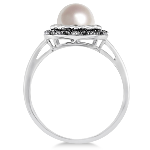 Freshwater Pearl Flower Ring w/ Black & White Diamonds 14K W. Gold 0.14cw