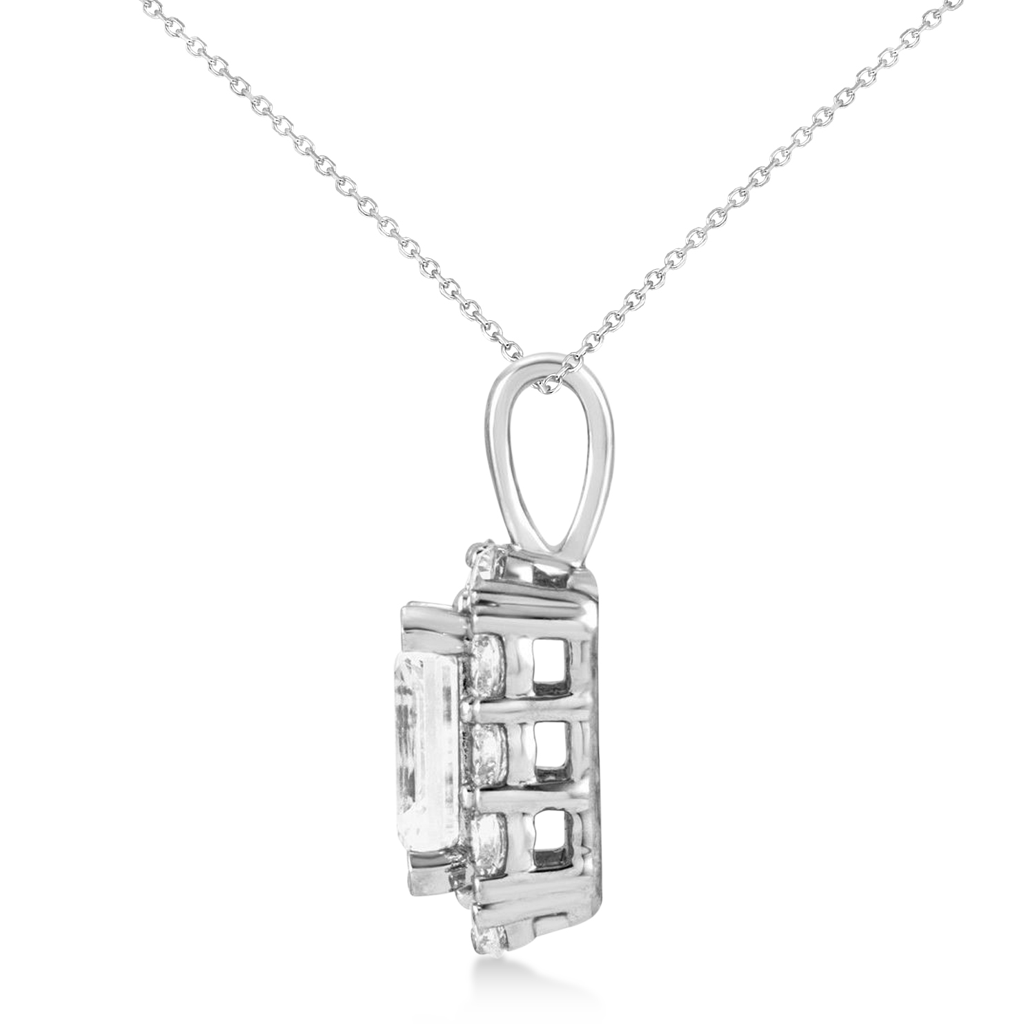 Emerald Cut Diamond Halo Pendant Necklace 14K White Gold (1.50ct)