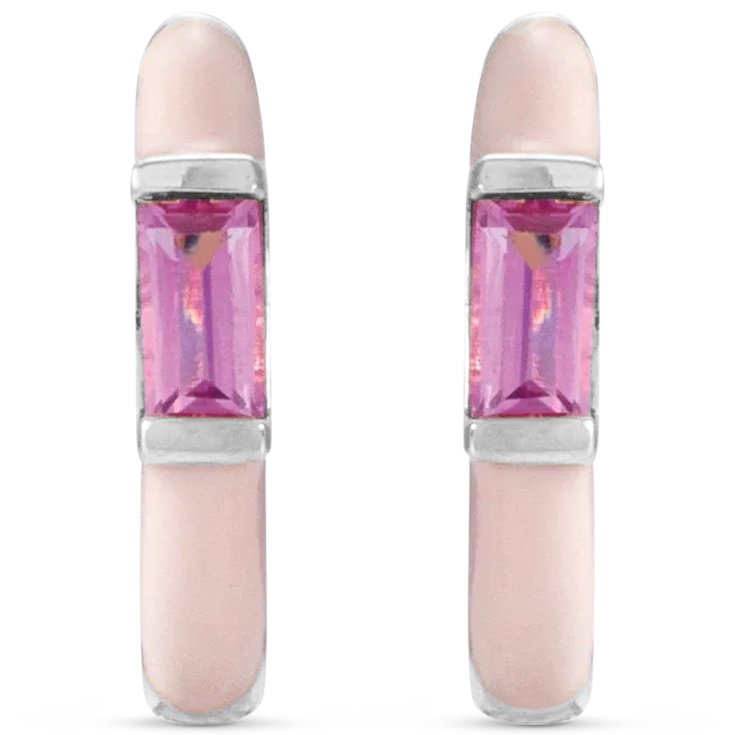 Natural Pink Tourmaline & Pink Enamel Hoop Earrings 14K White Gold (0.13ct)