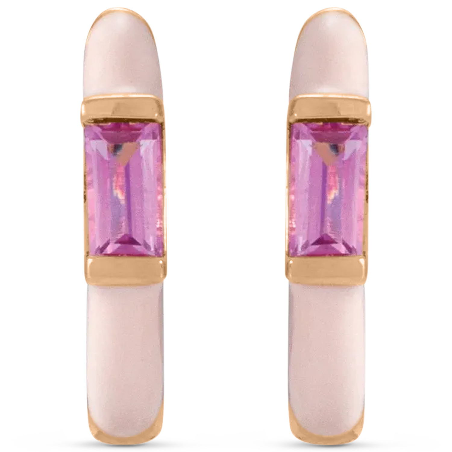 Natural Pink Tourmaline & Pink Enamel Hoop Earrings 14K Rose Gold (0.13ct)