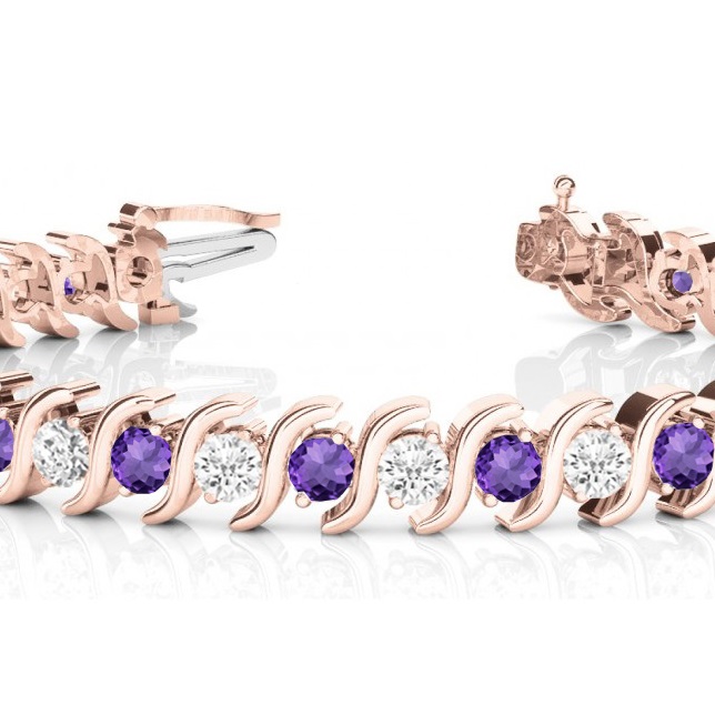 Amethyst & Diamond Tennis S Link Bracelet 14k Rose Gold (4.00ct)