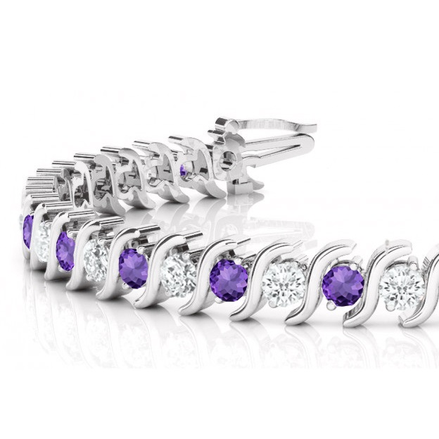 Amethyst & Diamond Tennis S Link Bracelet 14k White Gold (4.00ct)