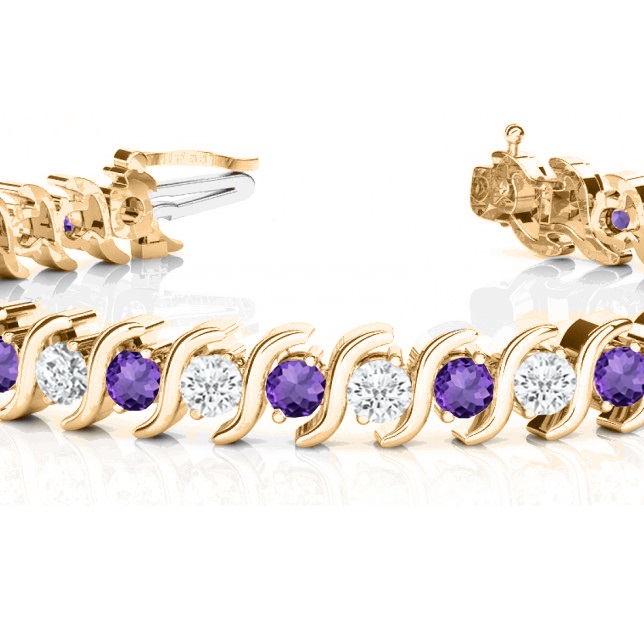 Amethyst & Diamond Tennis S Link Bracelet 14k Yellow Gold (4.00ct)