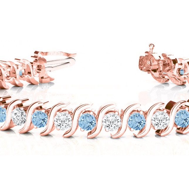 Aquamarine & Diamond Tennis S Link Bracelet 14k Rose Gold (4.00ct)