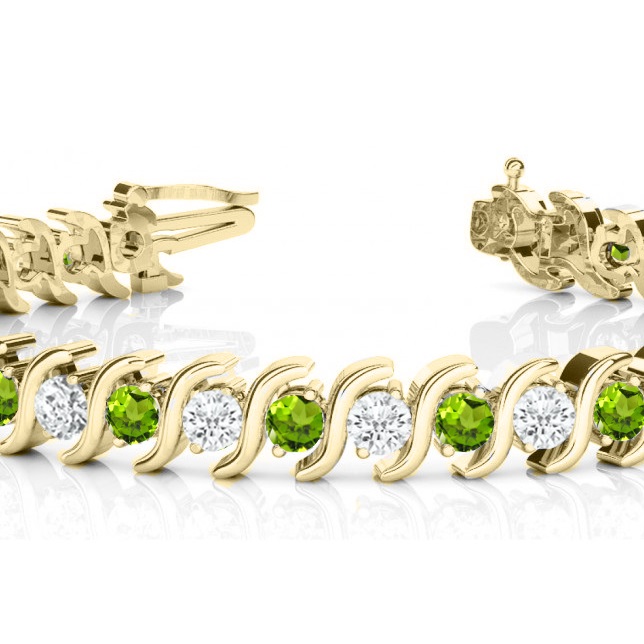 Peridot & Diamond Tennis S Link Bracelet 14k Yellow Gold (4.00ct)