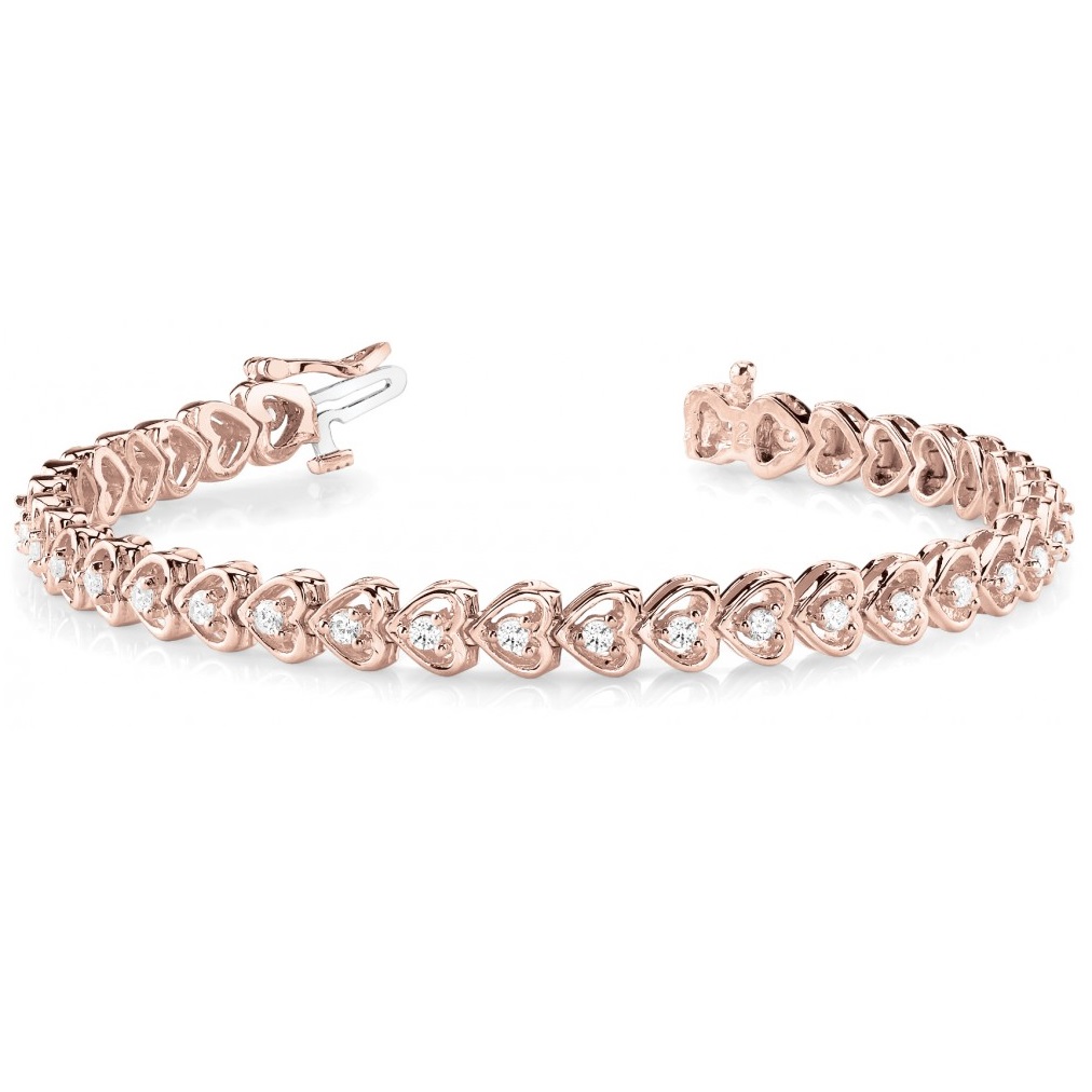 Diamond Tennis Heart Link Bracelet 14k Rose Gold (1.23ct)