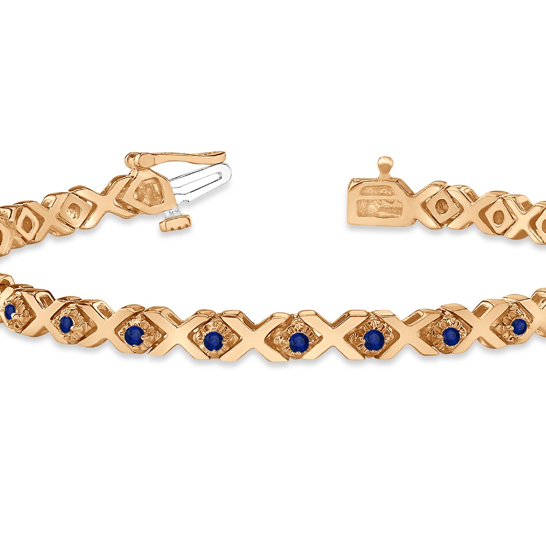 Blue Sapphire XOXO Chained Line Bracelet 14k Rose Gold (1.50ct)