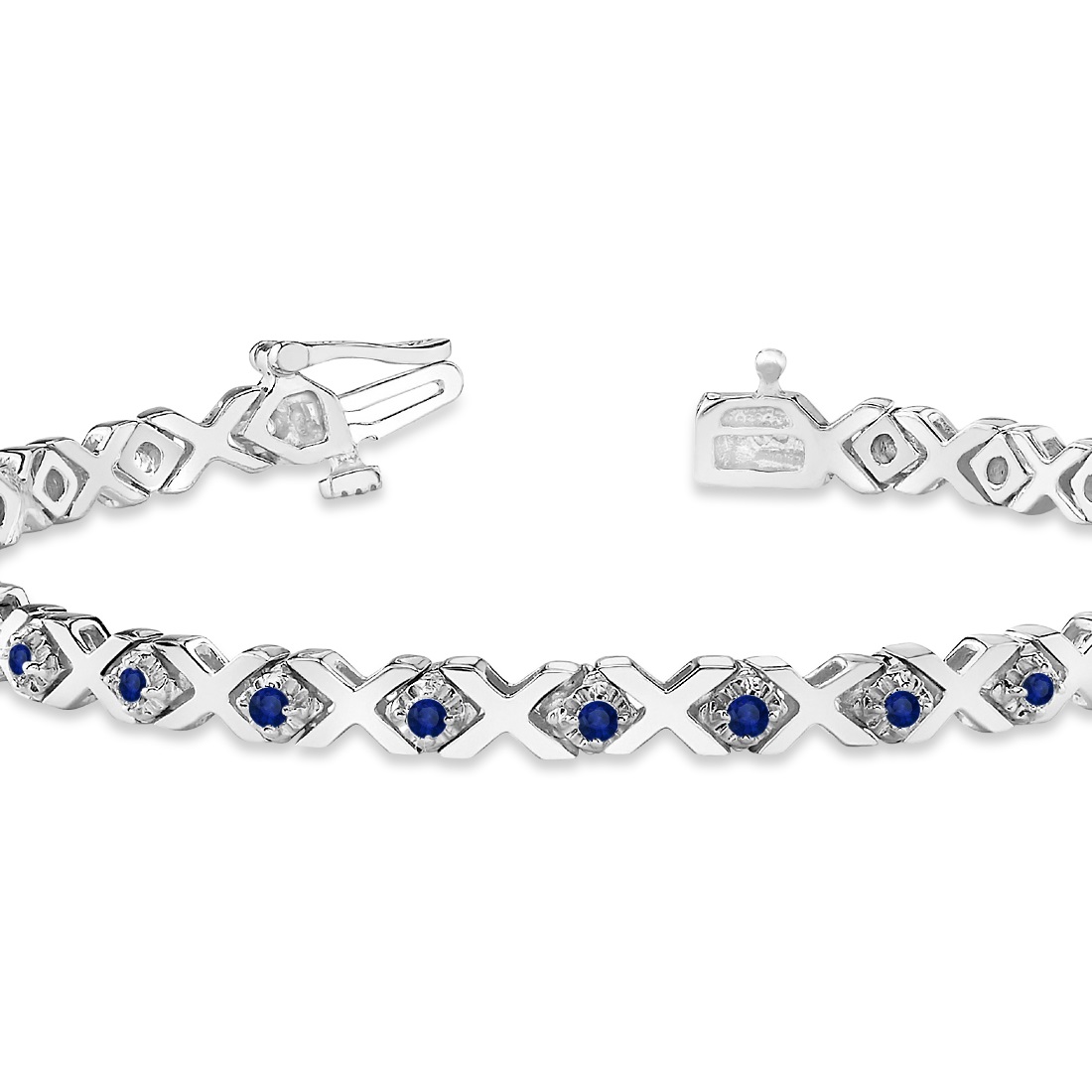 Blue Sapphire XOXO Chained Line Bracelet 14k White Gold (1.50ct)